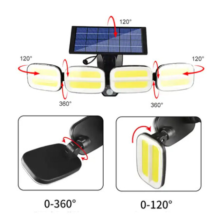 Foco Solar de Pared Ajustable 4 Luces Led c/Sensor y Control Negro