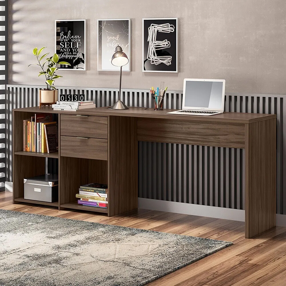 ESCRITORIO 2 CAJONES MESA PARA PC LAPTOP COMPUTADORA DOBLE MONTAJE MARRON