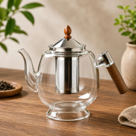 Tetera de Vidrio con Infusor de Acero Inoxidable y Mango de Madera - 900 ML Tetera de Vidrio con Infusor de Acero Inoxidable y Mango de Madera - 900 ML
