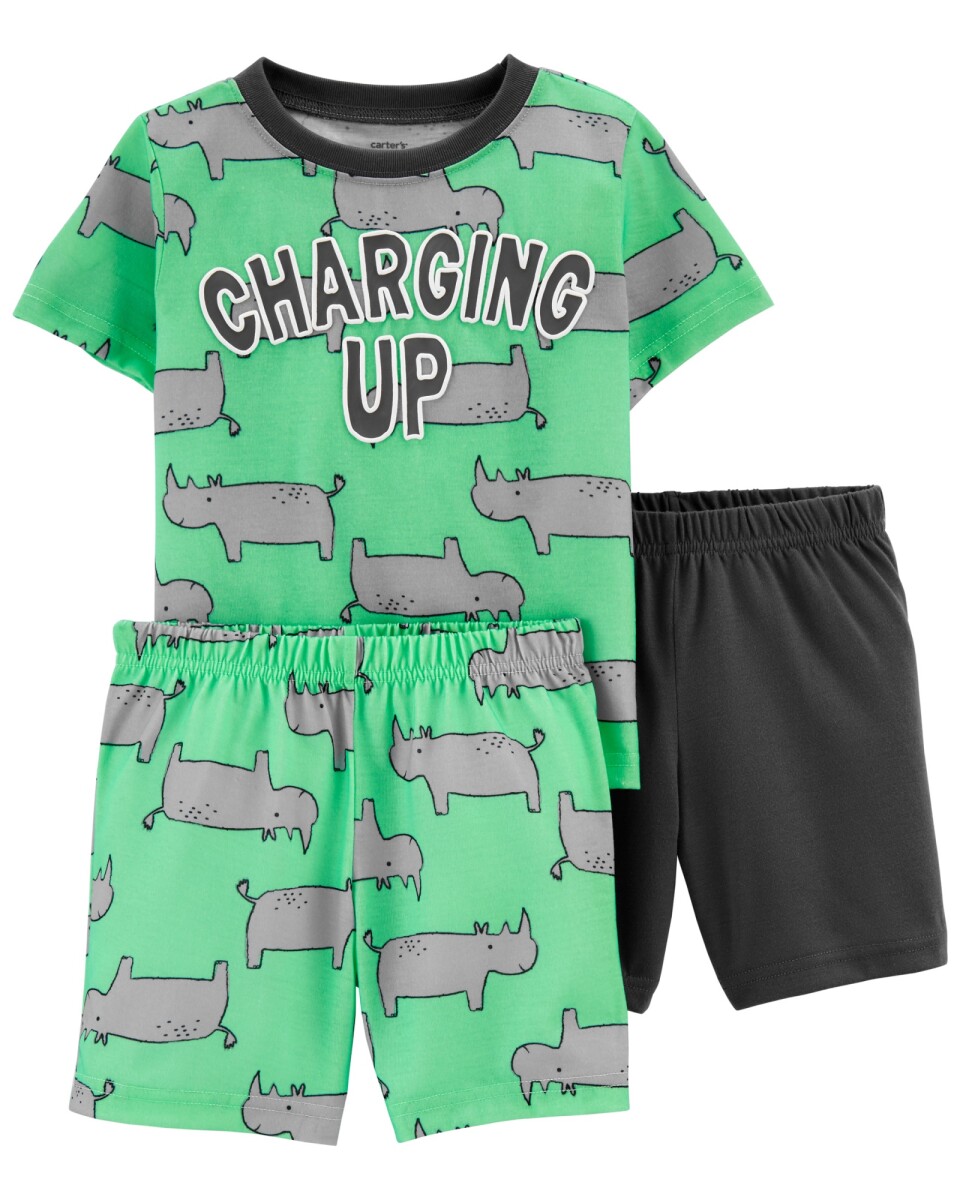 Pijama de Tres Piezas de Dos Shorts y Remera Manga Corta Estampado Rinoceronte 