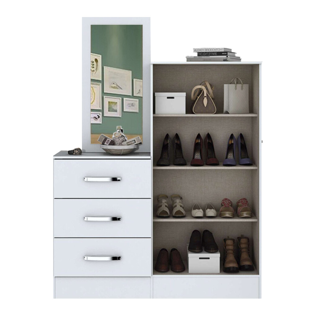 CÓMODA 3 CAJONES 2 PUERTAS GUARDARROPA ESTANTERÍA CON ESPEJO BLANCO