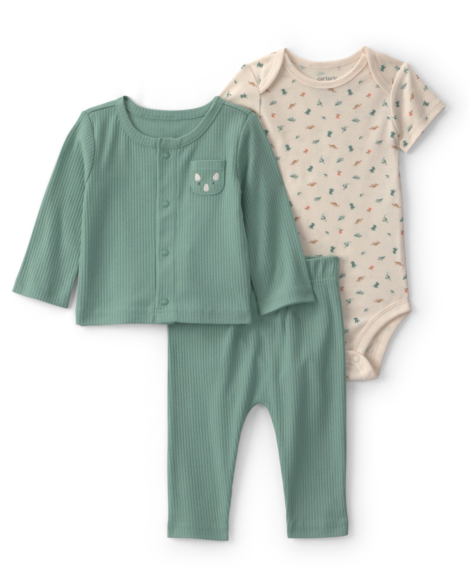Set tres piezas de algodón, pantalón, body saco, verde y crema, diseño dinos Sin color