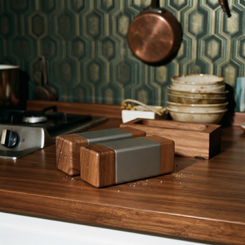 Set salero y pimentero acero inoxidable y madera de roble Set salero y pimentero acero inoxidable y madera de roble