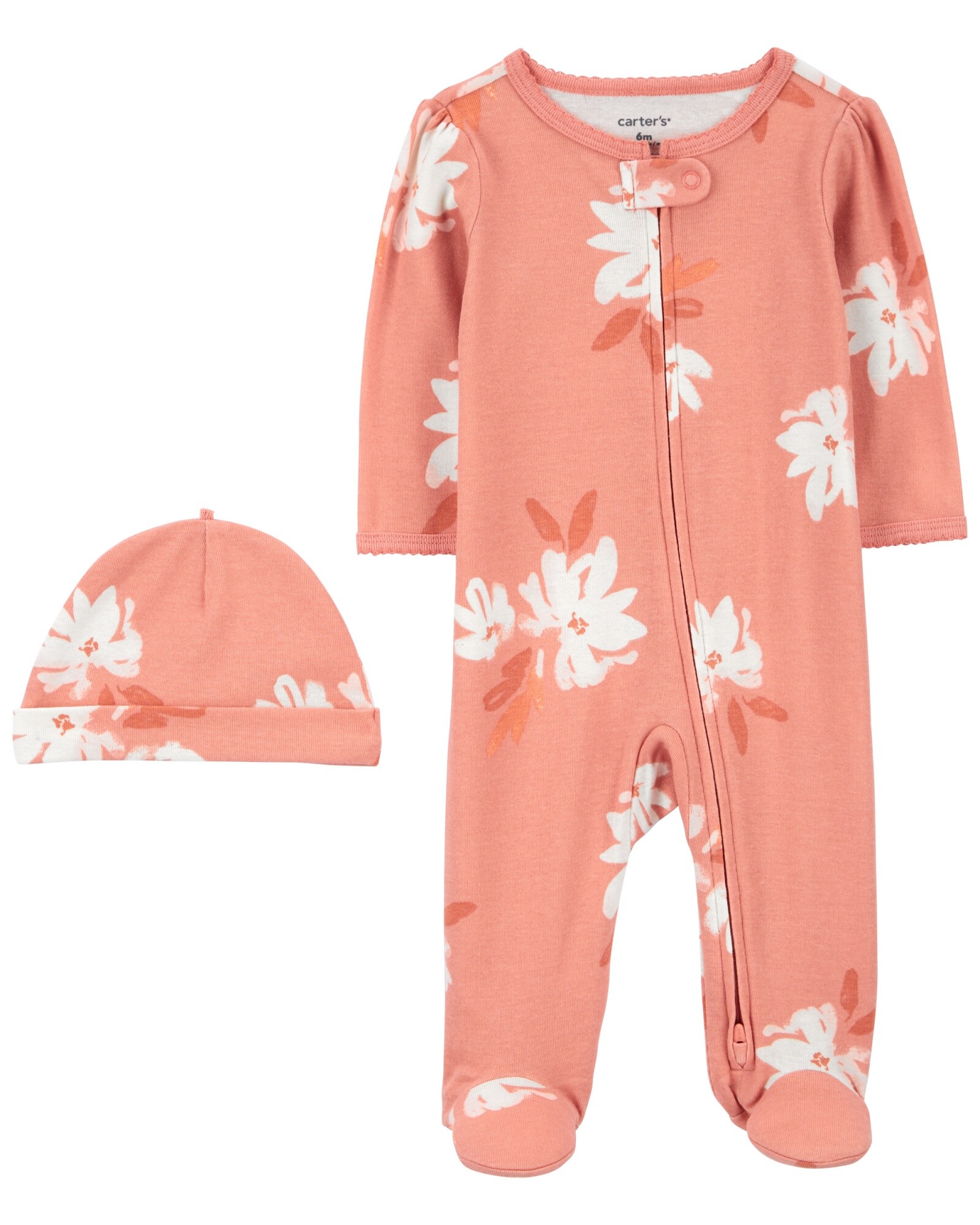 Pijama una pieza de algodón, con pie y gorro, diseño floral Sin color