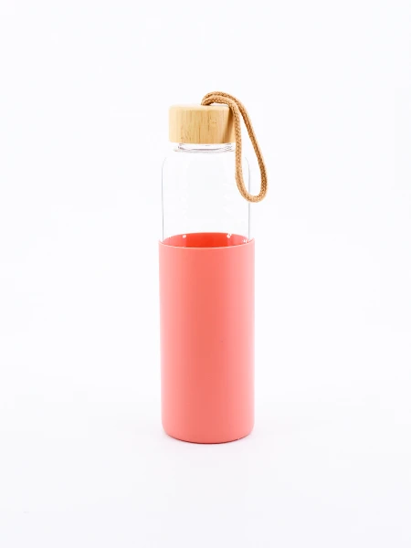 BOTELLA VIDRIO CON BASE SILICONA ROSADO