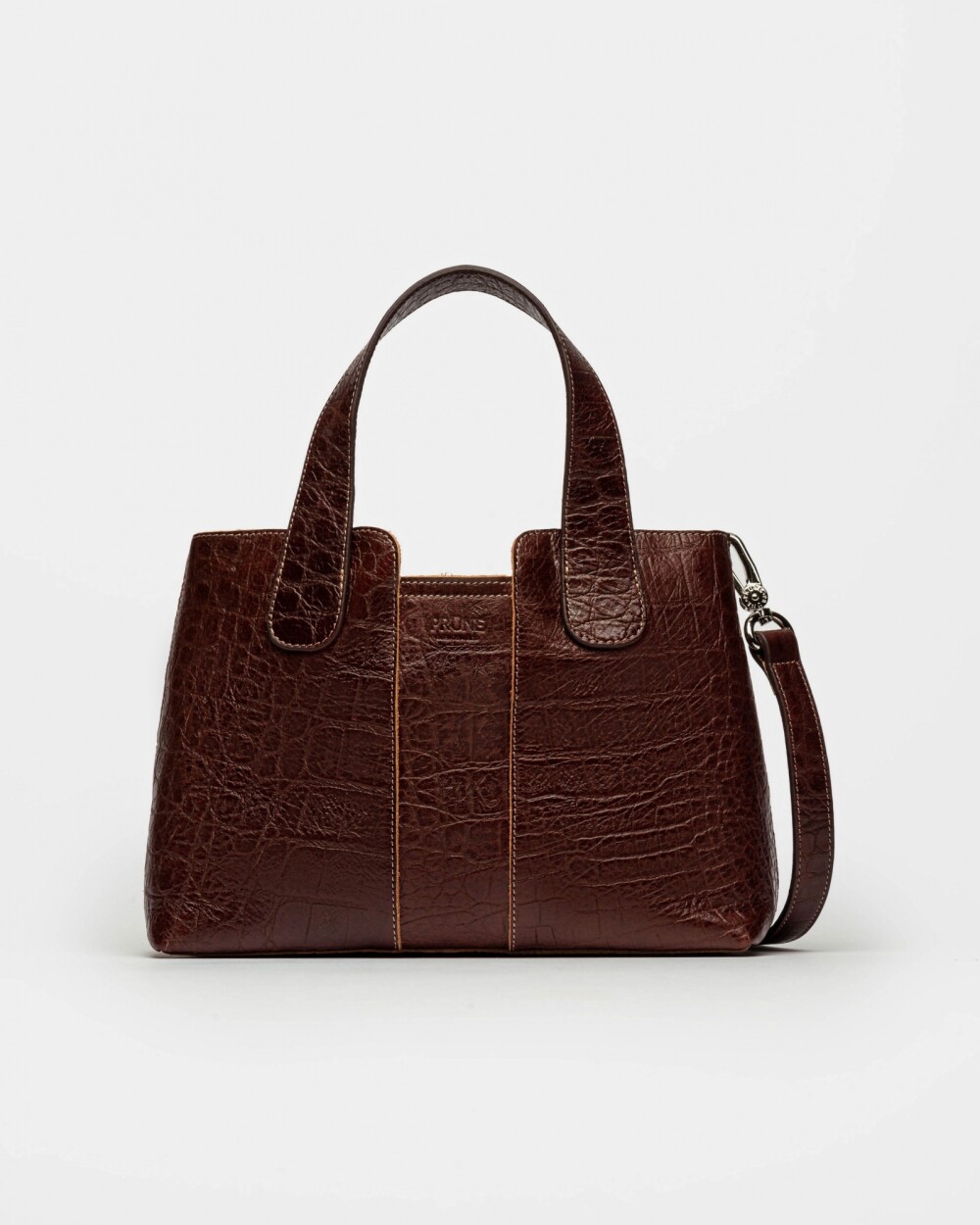Cartera de Mano The Braided En Cuero Grabado Croco Red Tabaco