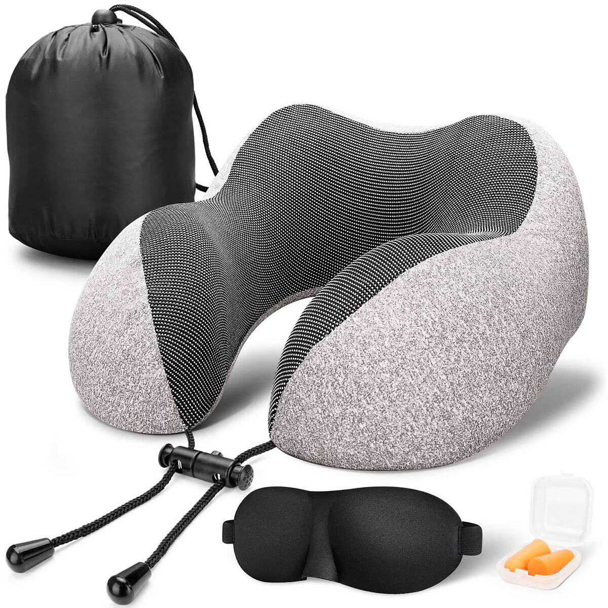 Set Almohada De Viaje + Cubre Ojos + Tapones Oidos - Gris 