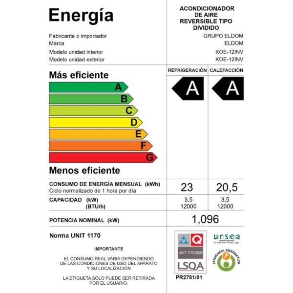 AIRE ACONDICIONADO INVERTER ELDOM 12000 BTU AIRE ACONDICIONADO INVERTER ELDOM 12000 BTU