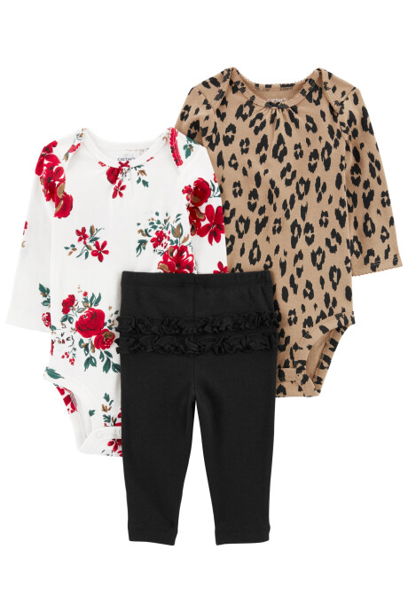 Set tres piezas de algodón, pantalón y bodies estampados Set tres piezas de algodón, pantalón y bodies estampados