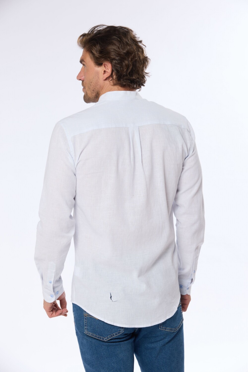 CAMISA DE LINO RAYADA Celeste