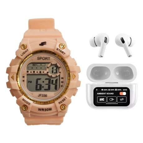 Set Reloj Deportivo Luz Led + Auriculares A9 Inalámbricos BT Salmón