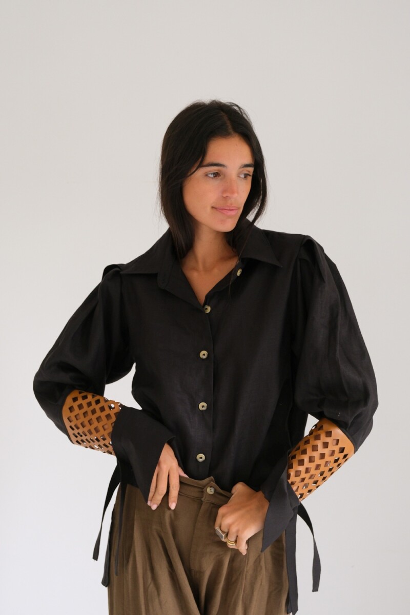 Camisa Puño Lino - Negro Con Camel 