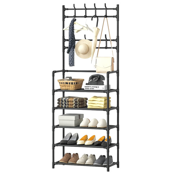 Perchero Organizador de Ropa y Zapatos Rack 6 Niveles Estantes y Ganchos IMBACK Color Negro Perchero Organizador de Ropa y Zapatos Rack 6 Niveles Estantes y Ganchos IMBACK Color Negro