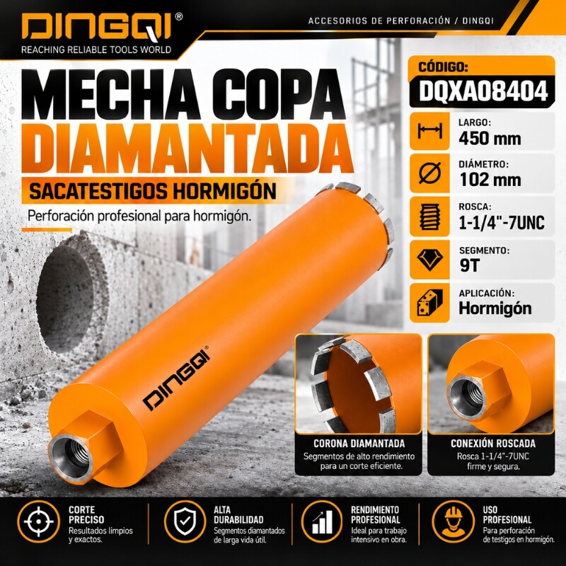 DINGQI MECHA COPA DIAMANTADA SACATESTIGOS HORMIGON 102x450MM 9D ROSCA 1-1/4 Dingqi Mecha Copa Diamantada Sacatestigos Hormigon 102x450mm 9d Rosca 1-1/4