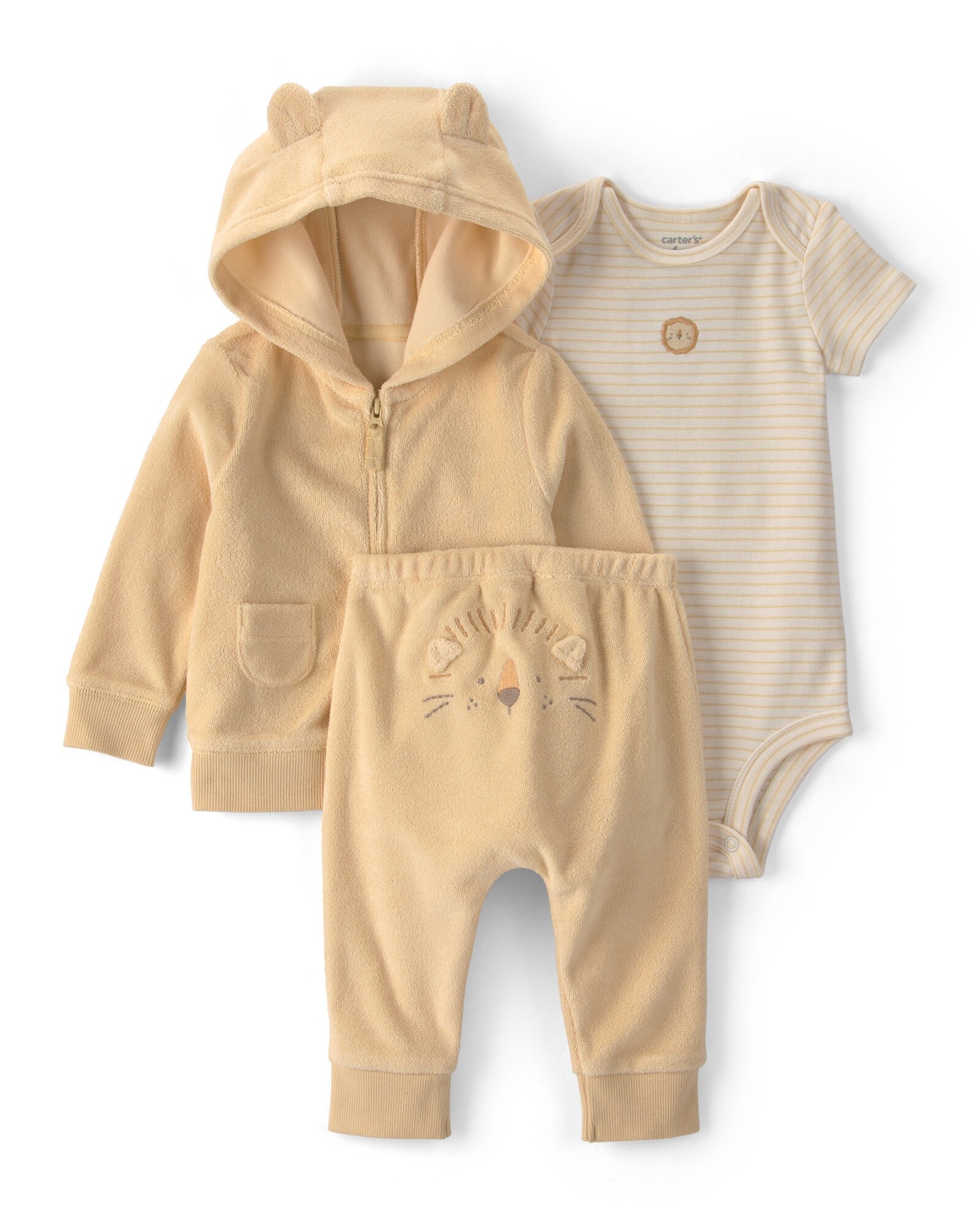 Set tres piezas, campera y pantalón de algodón terry, más body, amarillo, diseño león Sin color