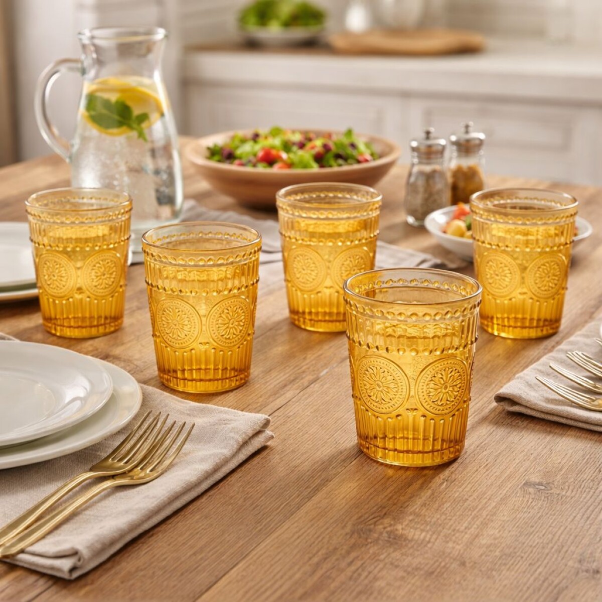 Vaso de Vidrio Labrado Corto Set 6 Unidades - Dorado 