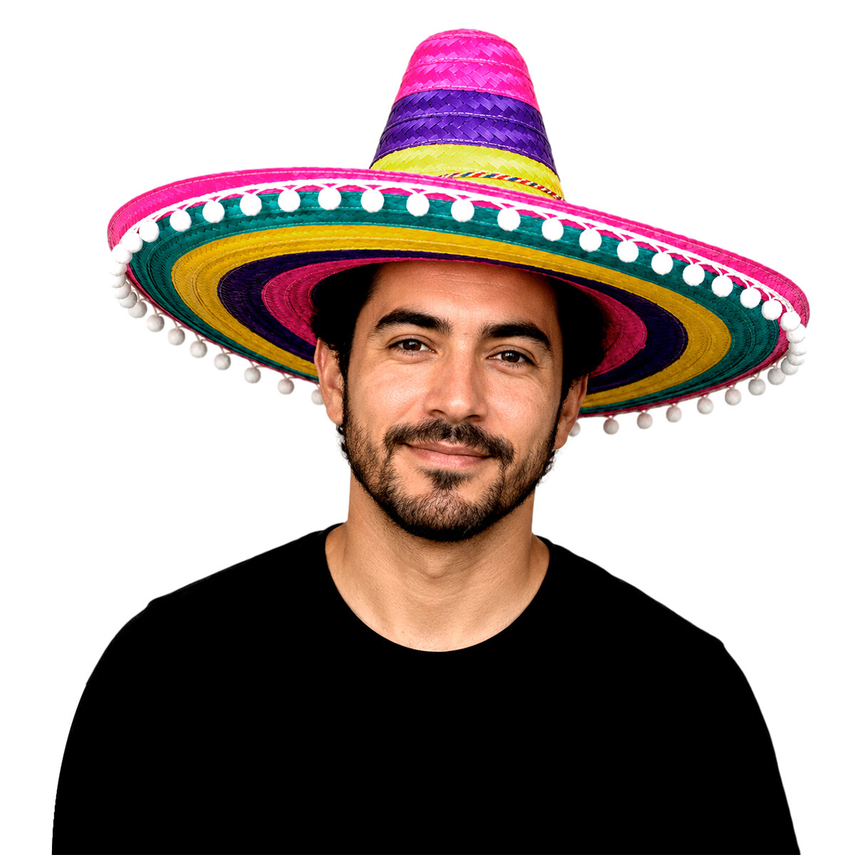 Sombrero de paja ala ancha con pompones 