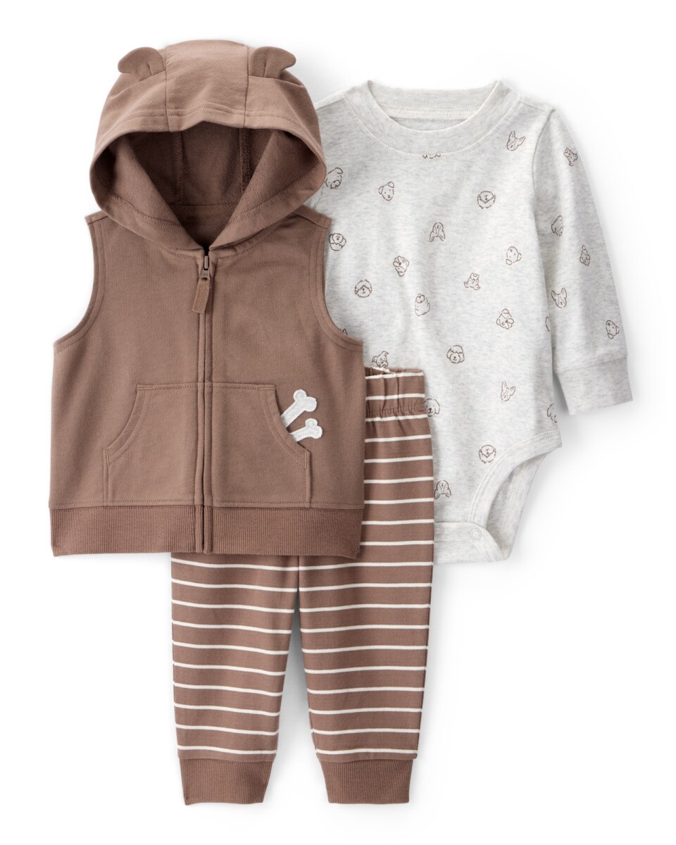 Set tres piezas de algodón, chaleco, pantalón y body, diseño perros 