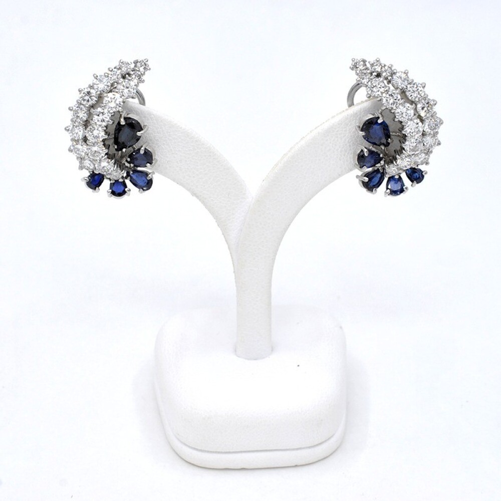 Caravanas En Oro 18K Blanco, Brillantes Y Zafiros Caravanas En Oro 18K Blanco, Brillantes Y Zafiros