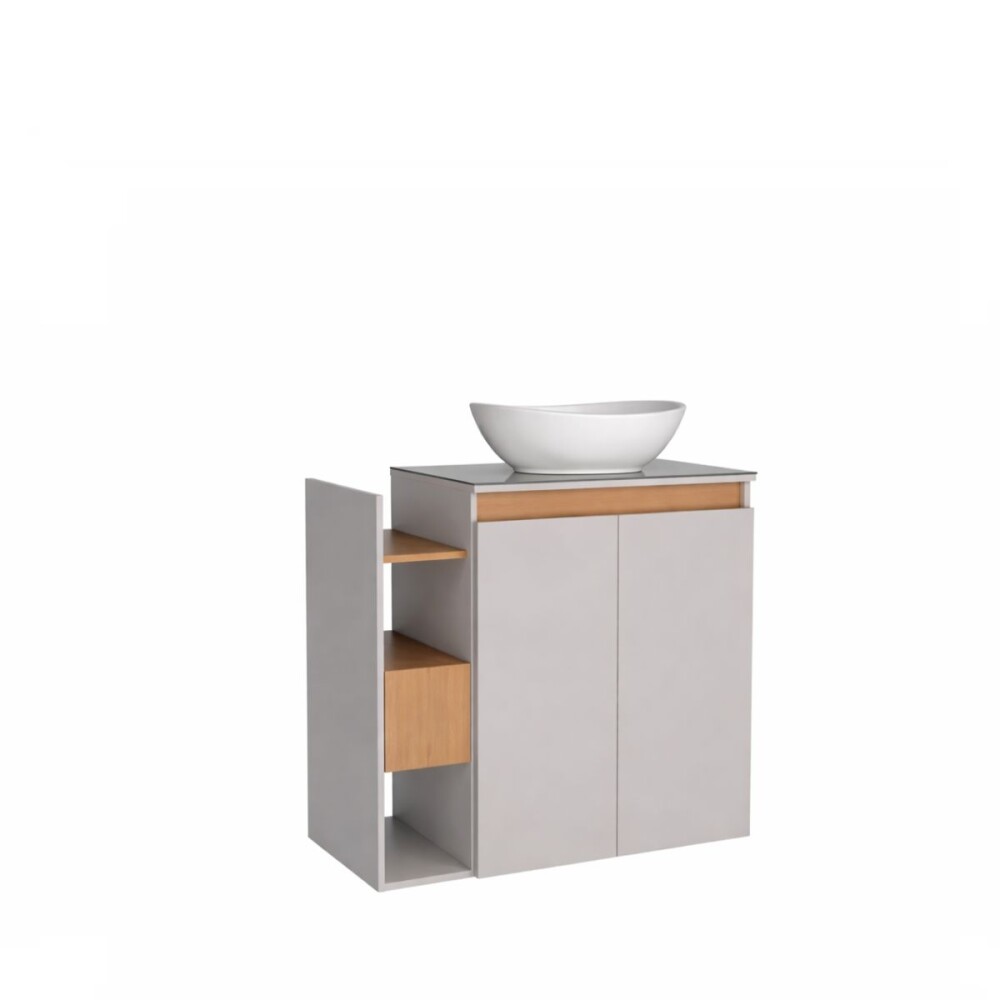 Mueble de baño suspendido Lotus Beige 80 cm con tapa de vidrio con bacha Mueble De Baño Suspendido Lotus Beige 80 Cm Con Tapa De Vidrio Con Bacha