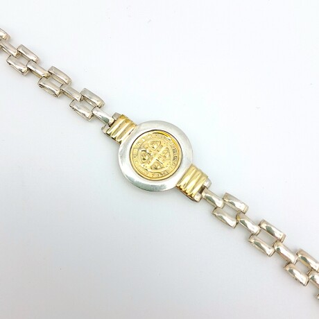Pulsera religiosa de plata 925 y double en oro 18 ktes, SAN BENITO. Pulsera religiosa de plata 925 y double en oro 18 ktes, SAN BENITO.