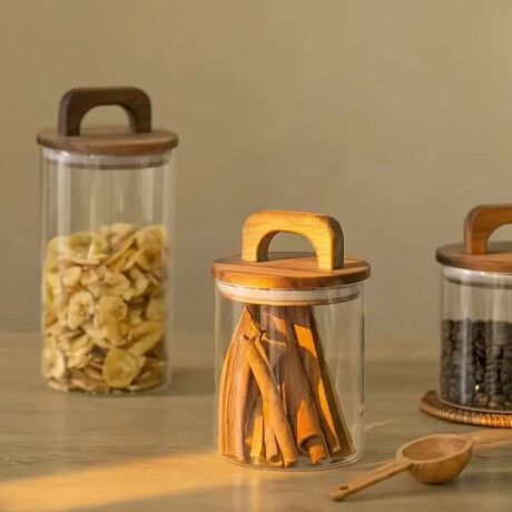 Frasco Tarro Recipiente en Vidrio y Tapa Madera c/ Asa 950Ml Transparente