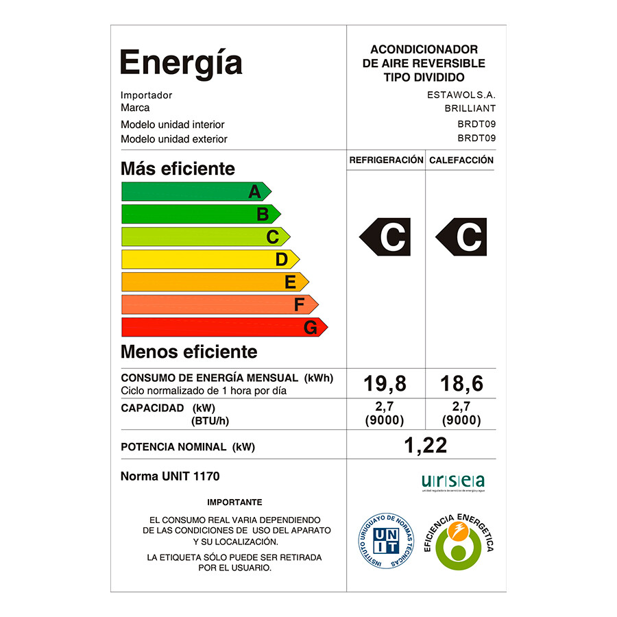 Aire Acondicionado 9000 BTU ON/OFF Brilliant BRDT09 Aire Acondicionado 9000 BTU ON/OFF Brilliant BRDT09