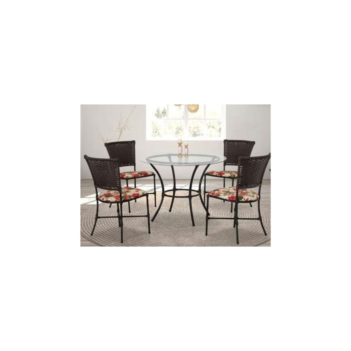 Juego Moscou 4 Sillas Con Asiento Tapizado En Tela Floreada + Mesa De Vidrio 