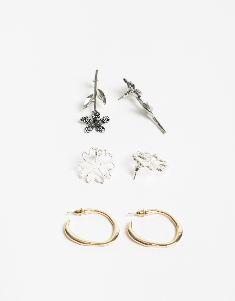 Aros Sets Color Set 3 Pares Dearos Florales - Dorado
