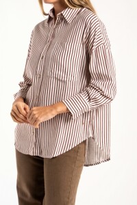 Camisa Rayada Con Lino Chocolate
