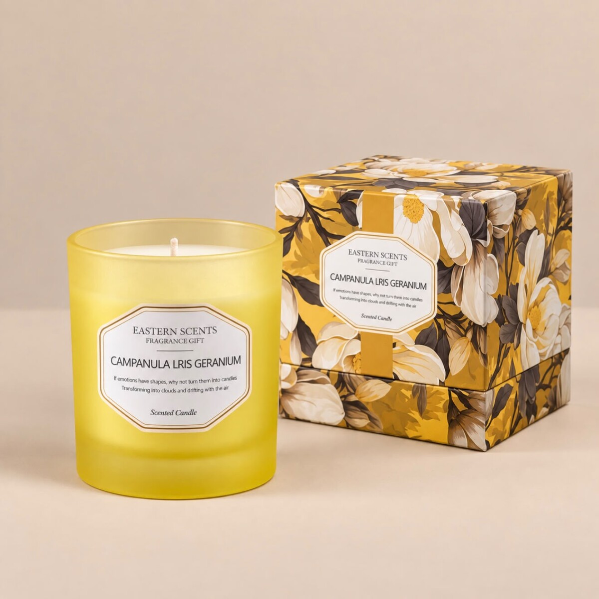 Vela Aromática en Vaso de Vidrio con Caja Floral – Campánula, Iris y Geranio 