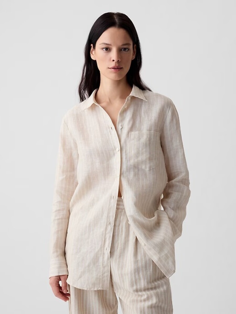 Camisa Boyfriend De Lino Mujer - Neutral Stripe 8172-4 