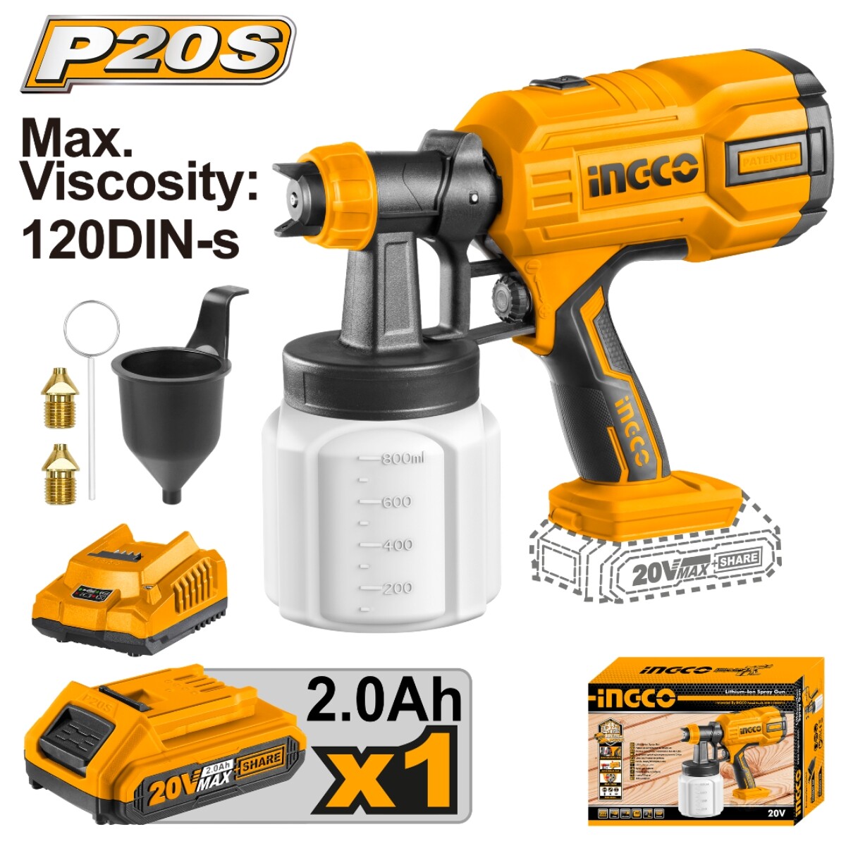 Pistola de Pintar a Bateria 20V P20S con Bateria y Cargador Ingco 
