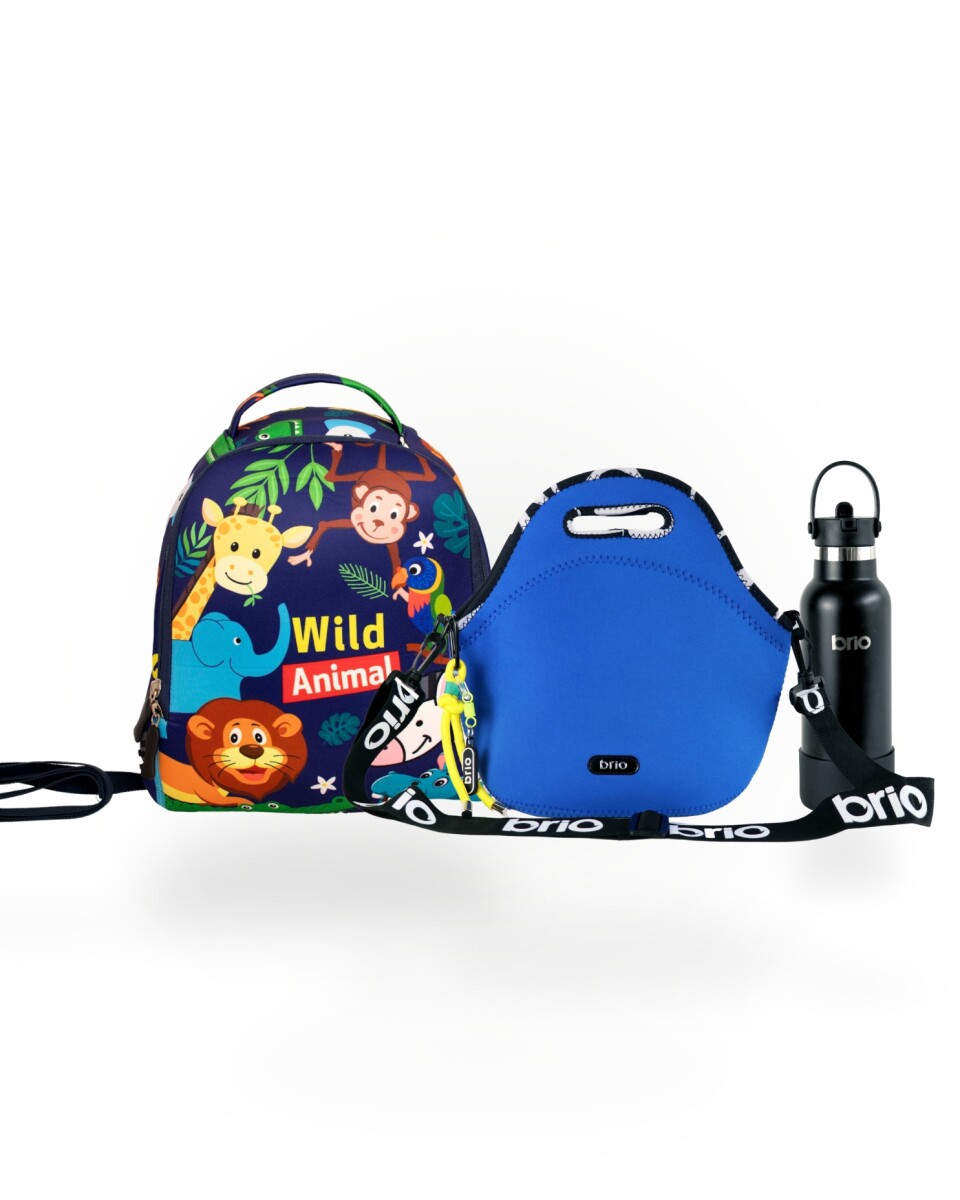 Set de mochila infantil de neopreno, lunchera de neopreno con correa ajustable y botella de acero inoxidable 500ml brio - set-cielo 