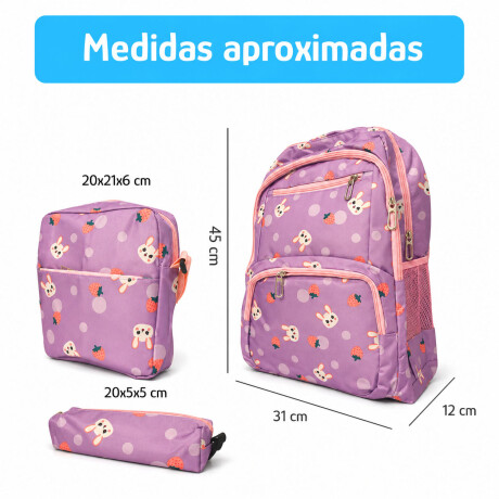 Set Mochila 3 Piezas Diseño Frutillitas Escolar Resistente Lila