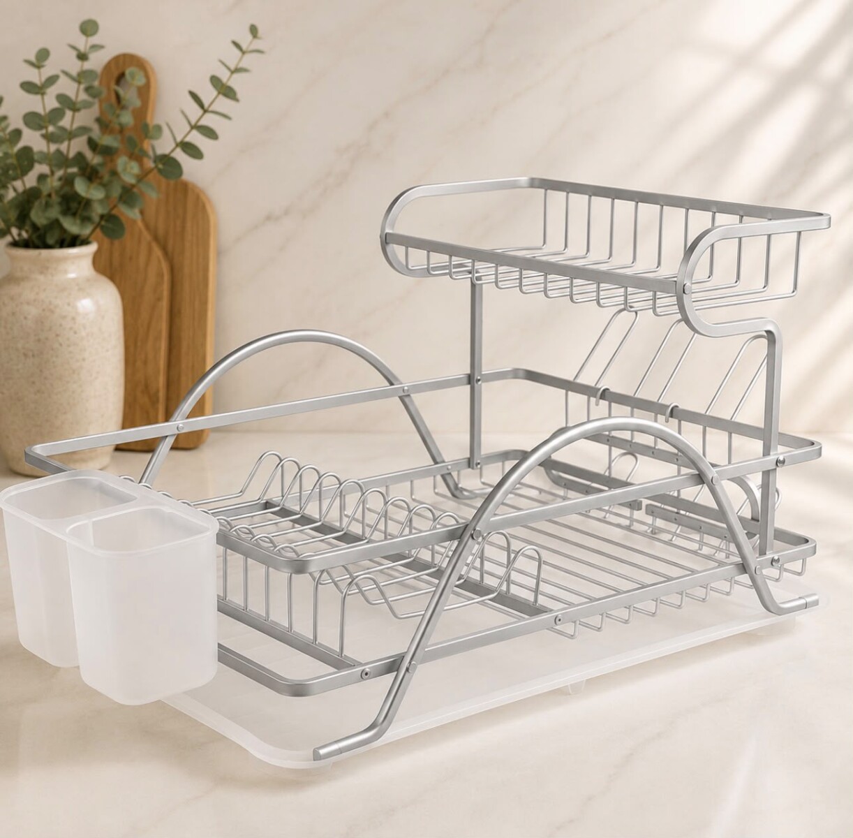 Escurridor de Platos de 2 Niveles con Bandeja y Porta Cubiertos – Aluminio Antióxido 47cm x 33cm x 28cm 