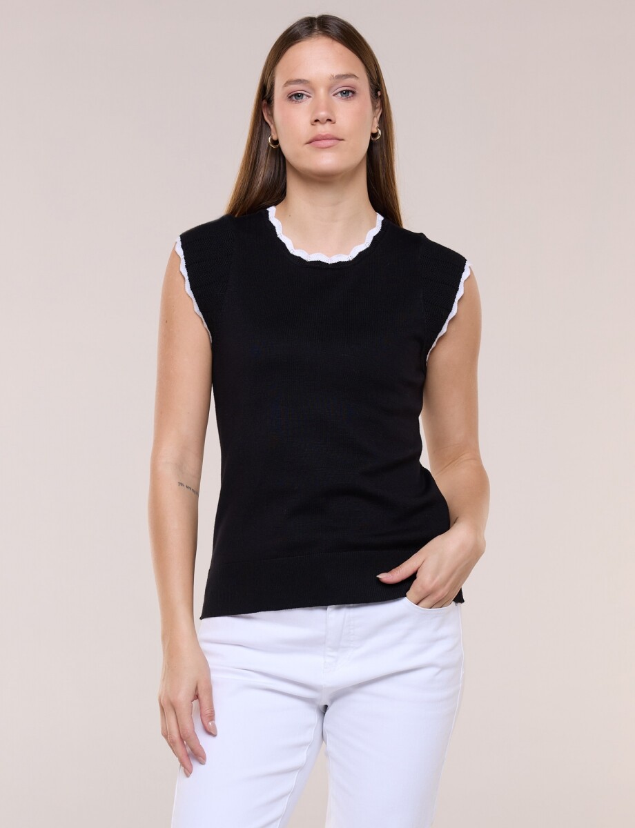 Blusa Tejida Sin Mangas Con Bordes Festoneados - Negro 