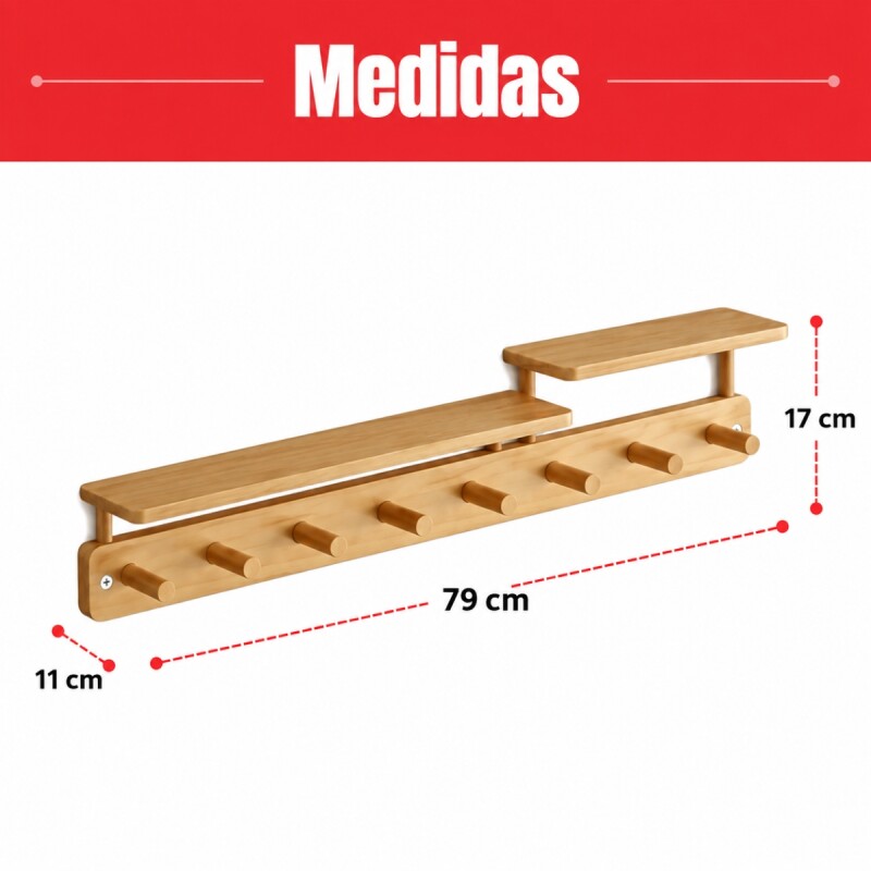 Perchero De Pared 8 Ganchos Colgante Con Repisas De Madera MARRON CLARO