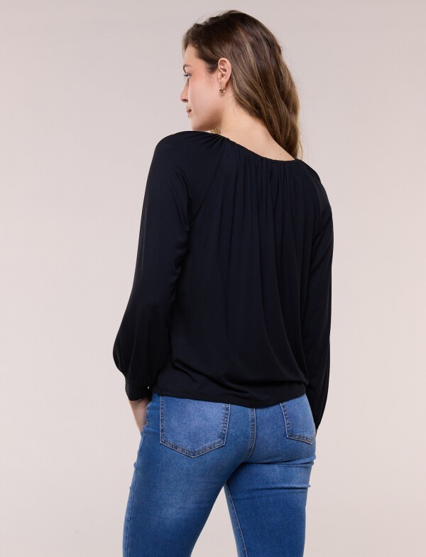 Blusa Modal Escote Fruncido Y Mangas Largas NEGRO