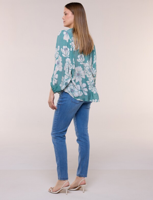 Blusa Crinkle Holgada Con Escote V VERDE/MULTI