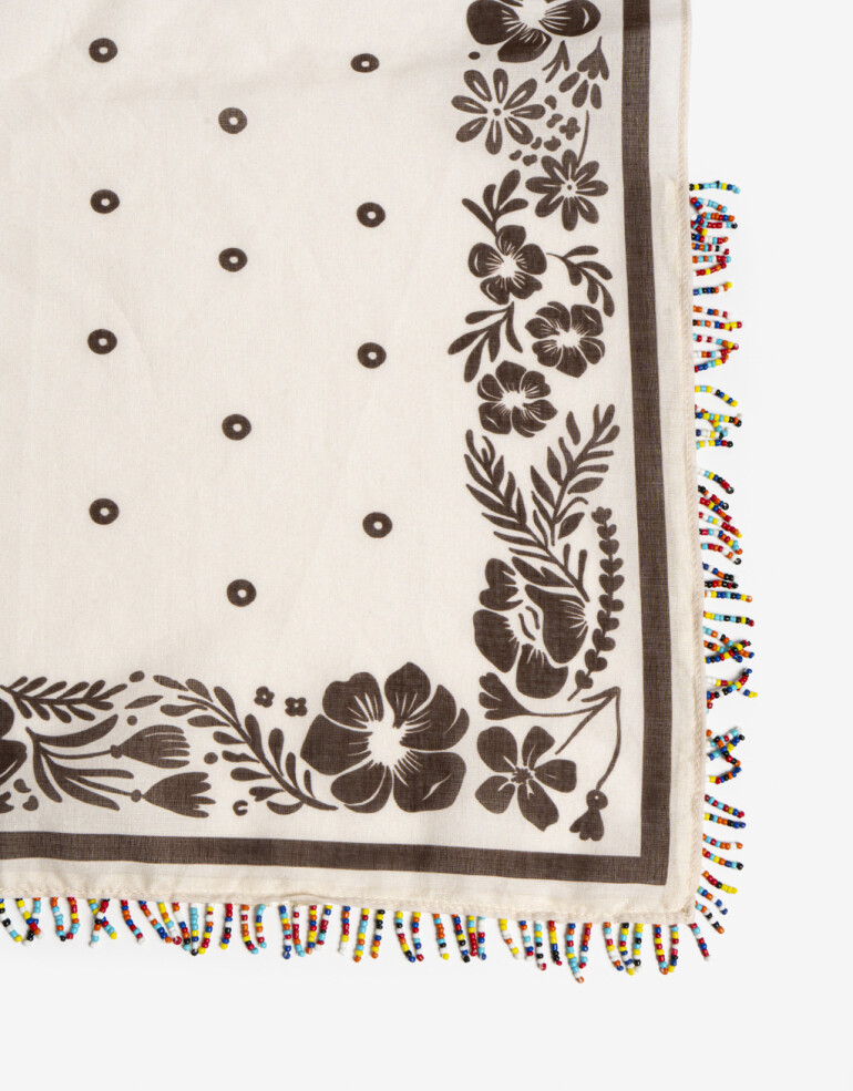 Pañuelos Raso Algodón Flores Pañuelo Raso Estampado Con Flores Y Flecos De Mostacillas - Combinacion Bicolor