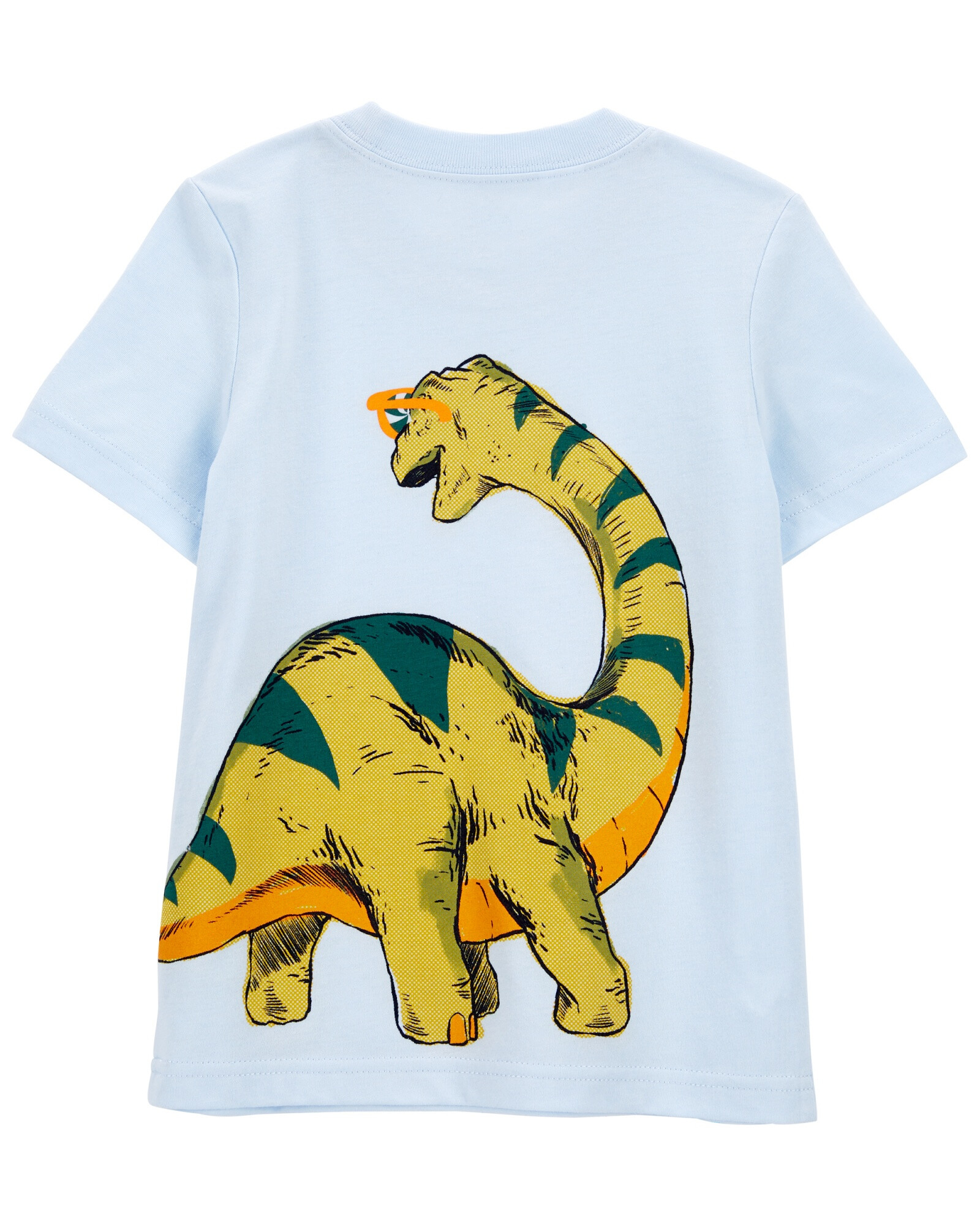 Remera de algodón, manga corta, estampa dinosaurio. Talles 6-24M Sin color