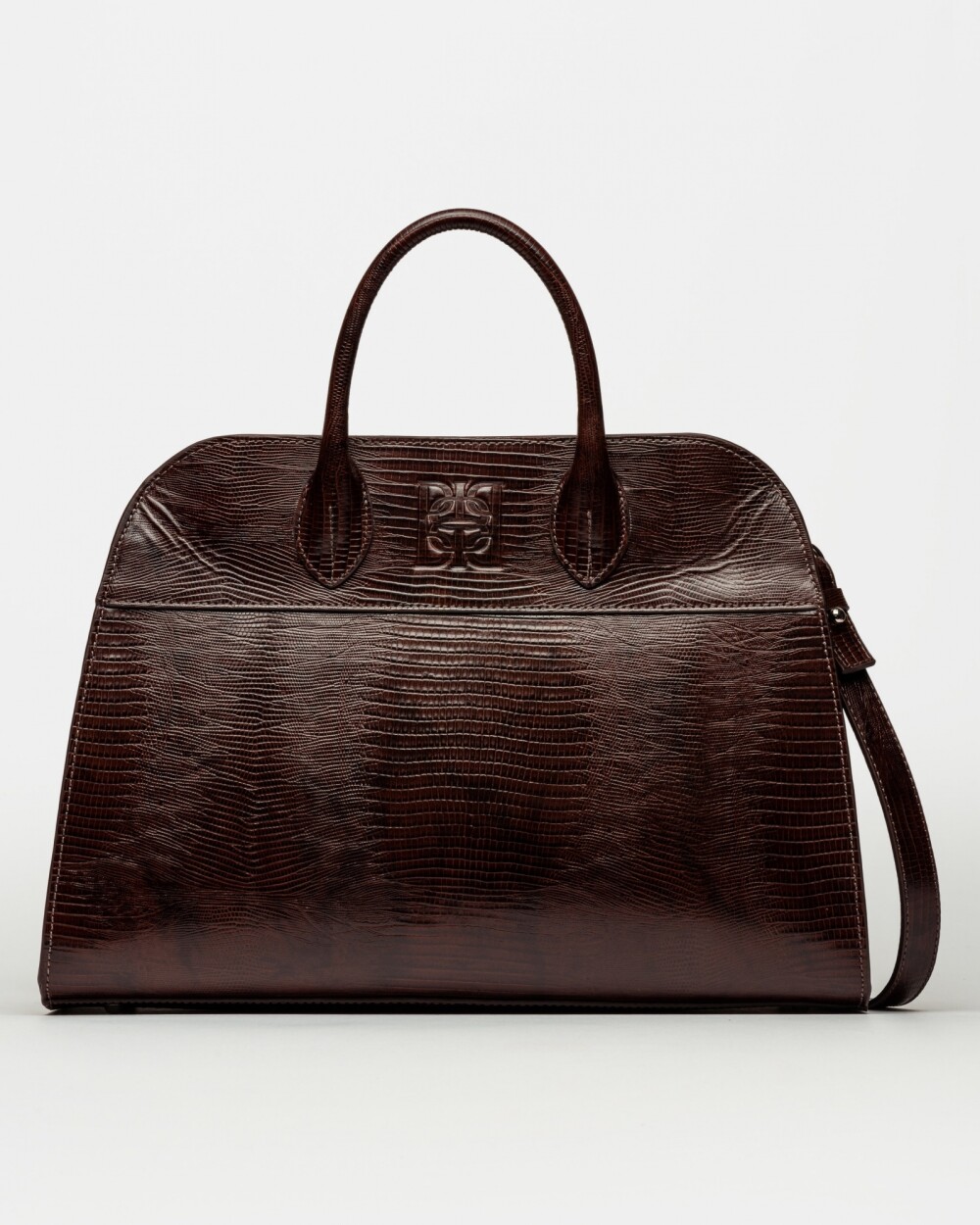 Cartera de Mano The Roots En Cuero Grabado Lagarto Marron