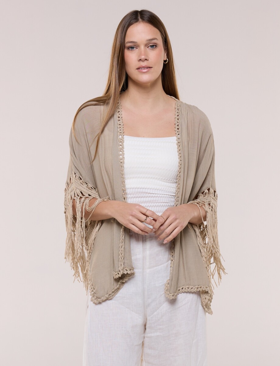 Cardigan Con Flecos Y Espalda Crochet - Tostado 