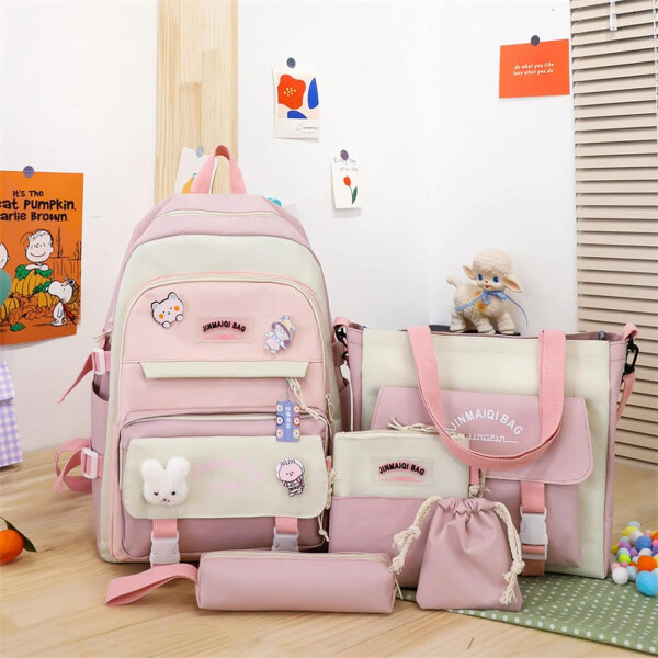 Set Mochila Impermeable Kawaii Estilo Coreano 5 Piezas Variante Color Rosa