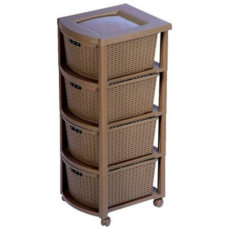 Cajonero Rimax Plastico Rattán 4 cajones, estante y ruedas Mocca