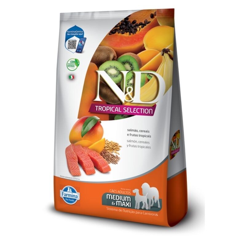 N&D Tropical Perro Adulto Razas Medianas y Maxi, Proteína de Salmón 10+2 kgs N&D Tropical Perro Adulto Razas Medianas y Maxi, Proteína de Salmón 10+2 kgs