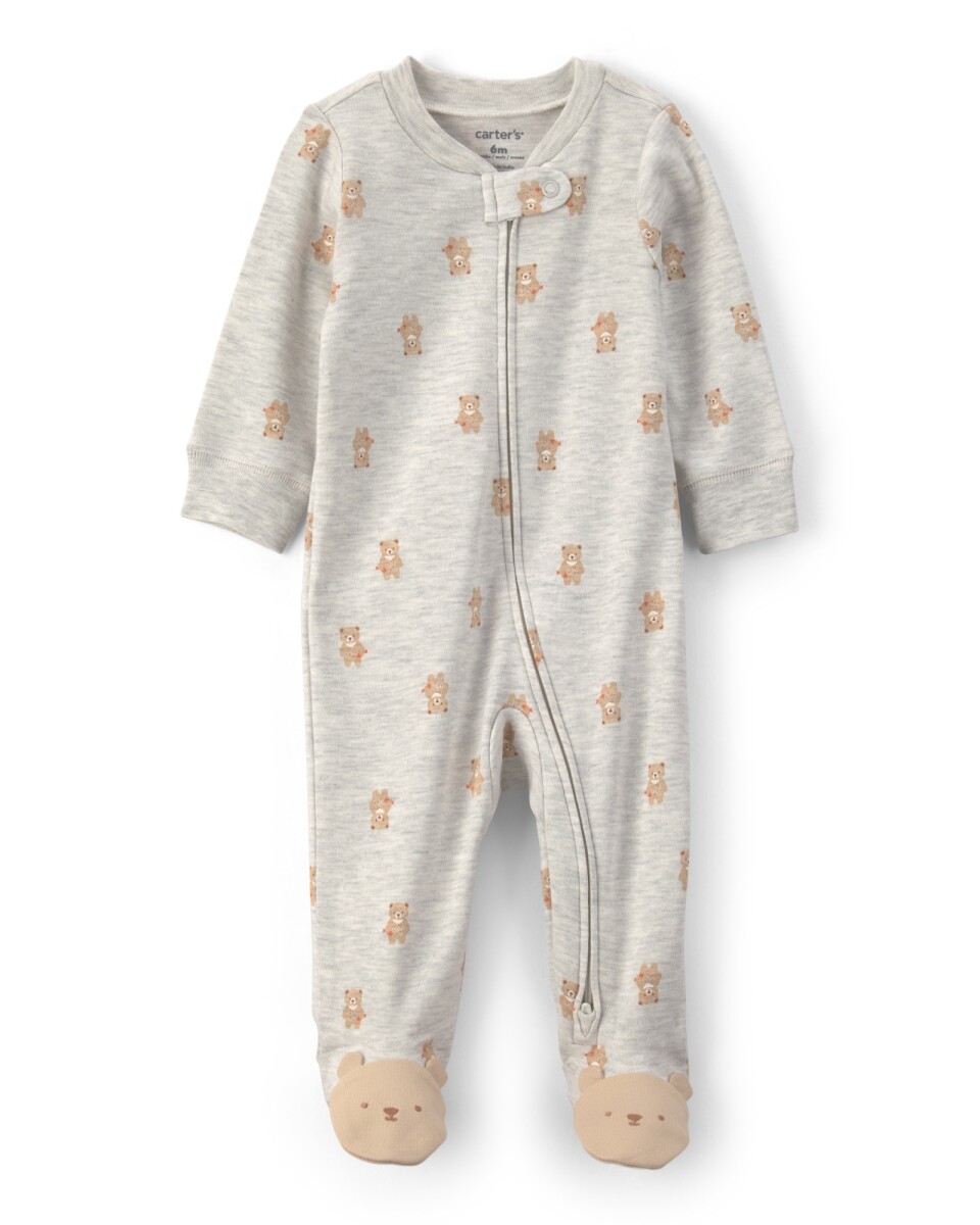 Pijama una pieza de algodón, con pie, gris, diseño ositos 
