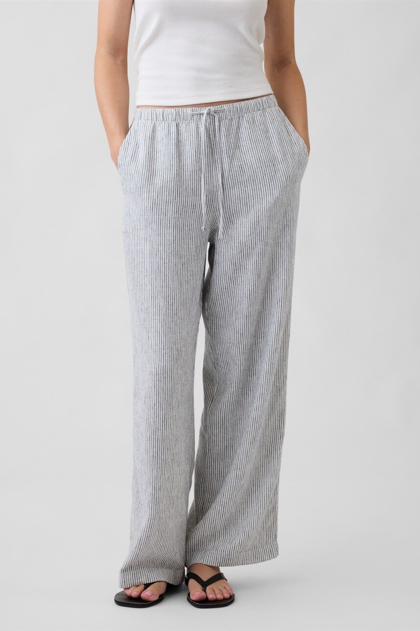 Pantalón De Lino Wide Mujer Navy Ivory Stripe