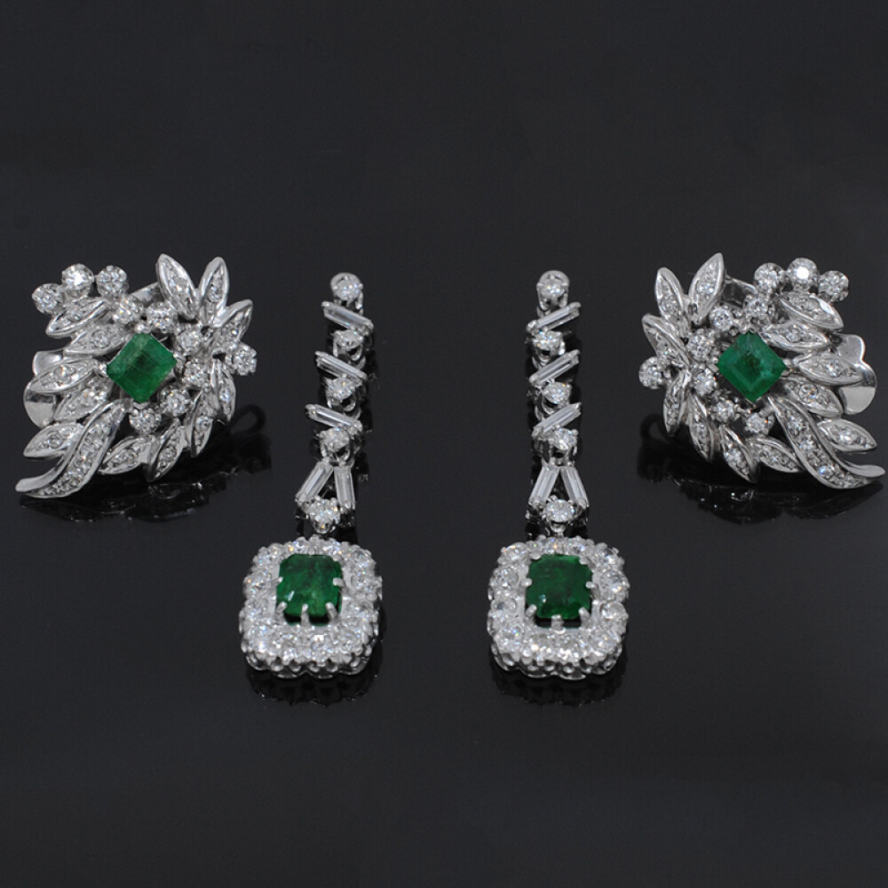 Par de caravanas desmontables oro 18k blanco, brillantes y esmeraldas Par de caravanas desmontables oro 18k blanco, brillantes y esmeraldas